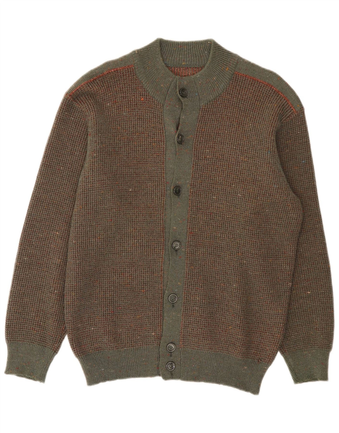 vintage Mens Cardigan Pull Moyen Brun Moucheté Laine