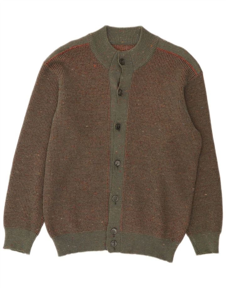 vintage Mens Cardigan Pull Moyen Brun Moucheté Laine