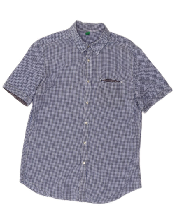 Benetton Chemise à Manches Courtes Homme Bleu Moyen Carreaux