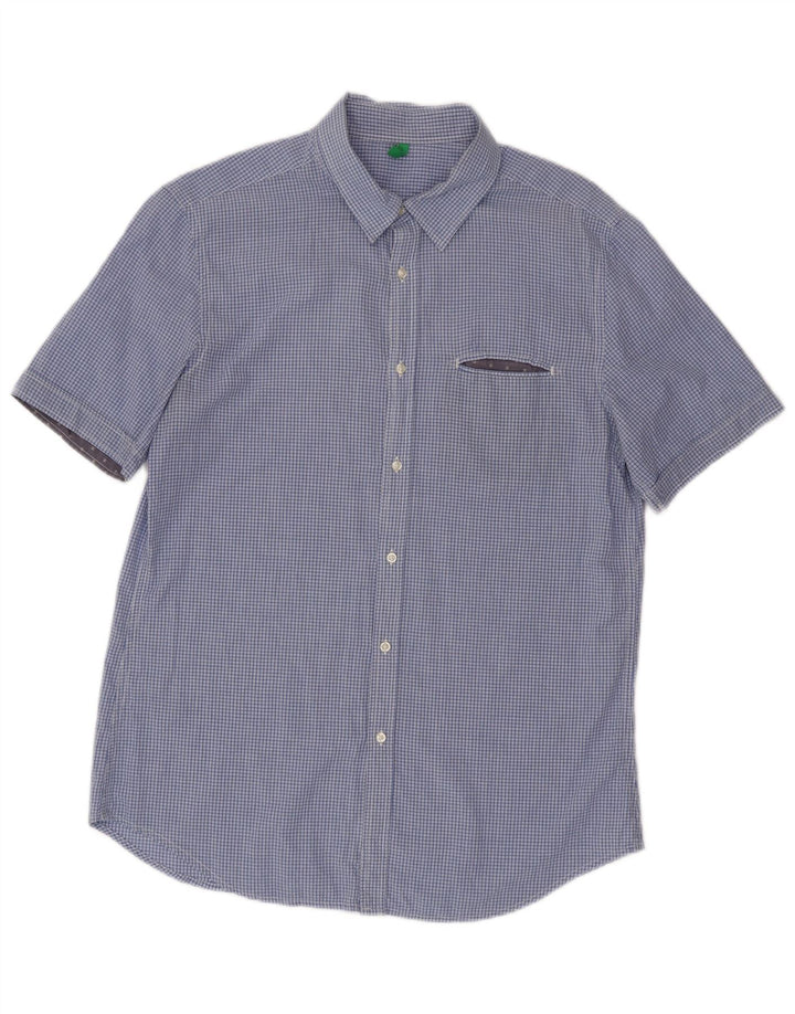 Benetton Chemise à Manches Courtes Homme Bleu Moyen Carreaux