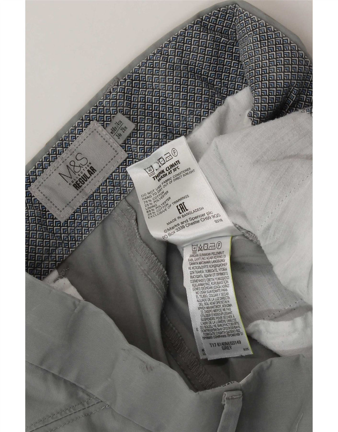 Marks & Spencer Pantalon Chino Regular Homme W34 L29 Gris Coton