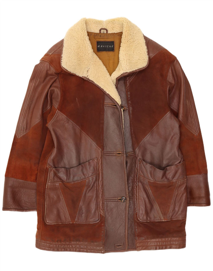 Maviche Manteau en cuir surdimensionné pour femme UK 12 Marron moyen Colourblock