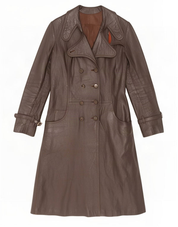 vintage Femmes Double Breasted Manteau en cuir UK 12 Brun Moyen
