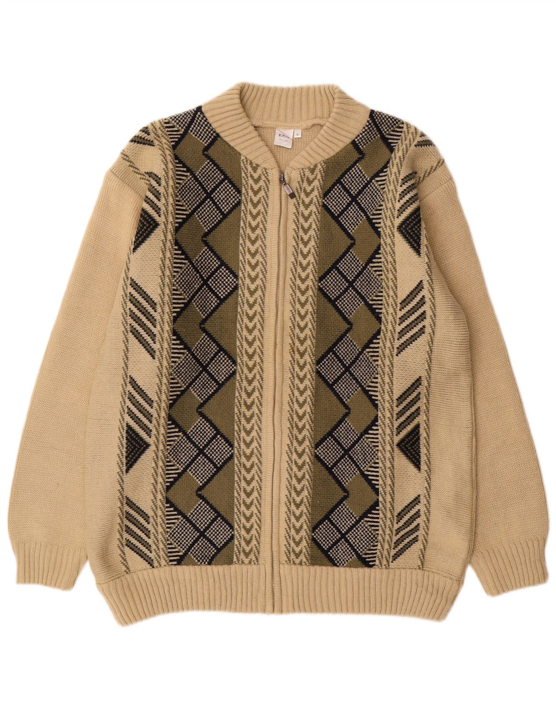VINTAGE Pull Cardigan Homme XL Beige Géométrique Acrylique