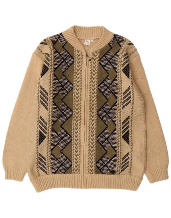 VINTAGE Pull Cardigan Homme XL Beige Géométrique Acrylique