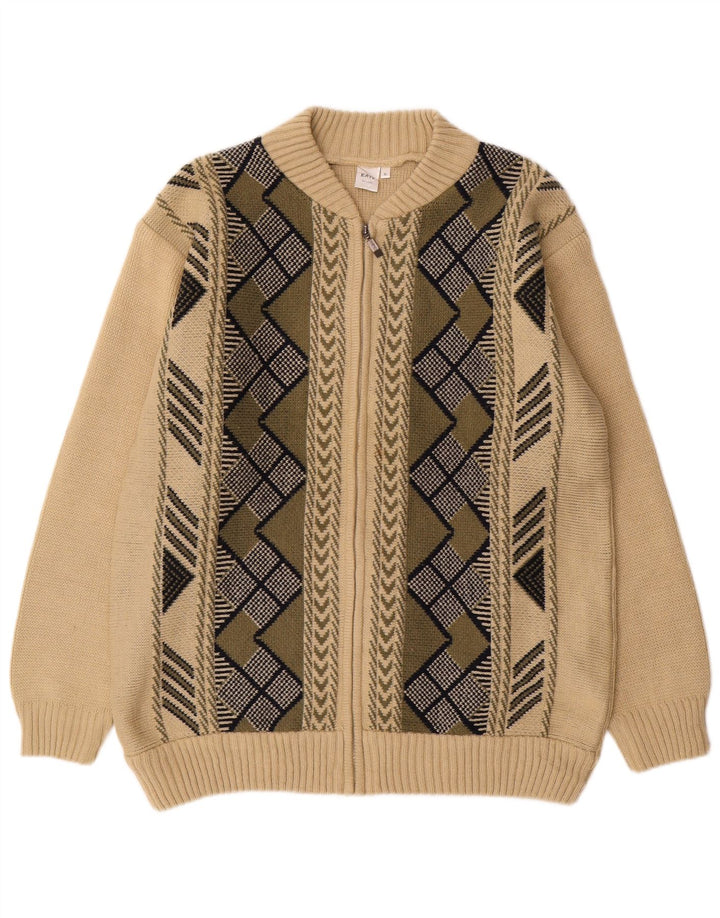 VINTAGE Pull Cardigan Homme XL Beige Géométrique Acrylique