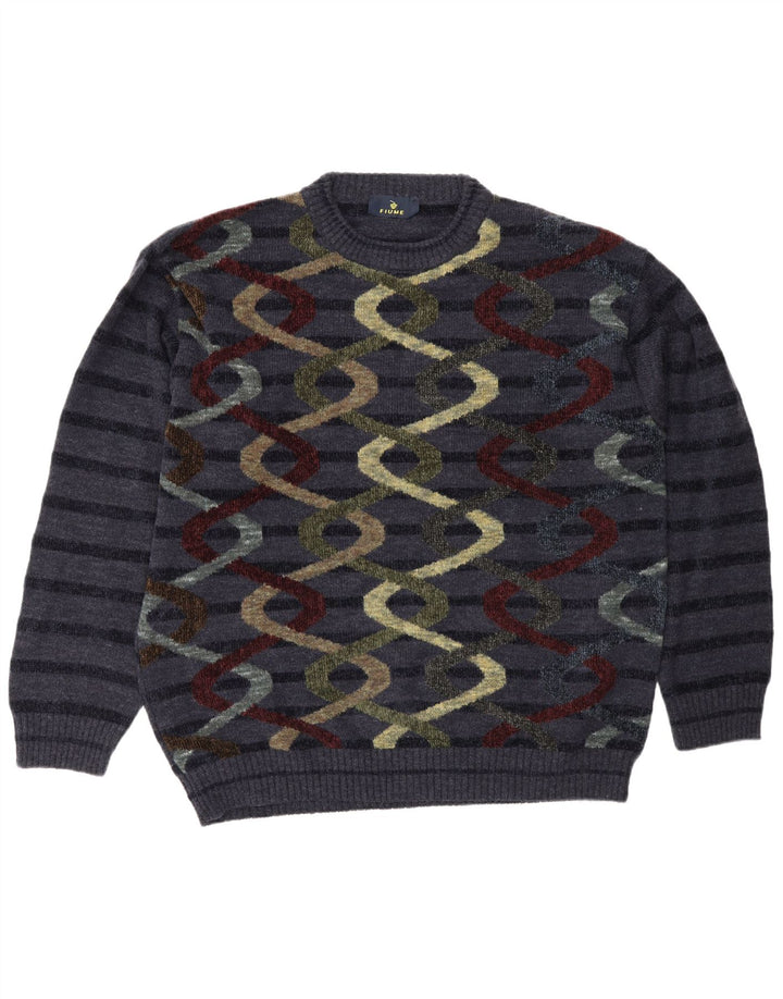 Fiume Pull à col rond pour homme Motif abstrait XL Bleu marine rayé