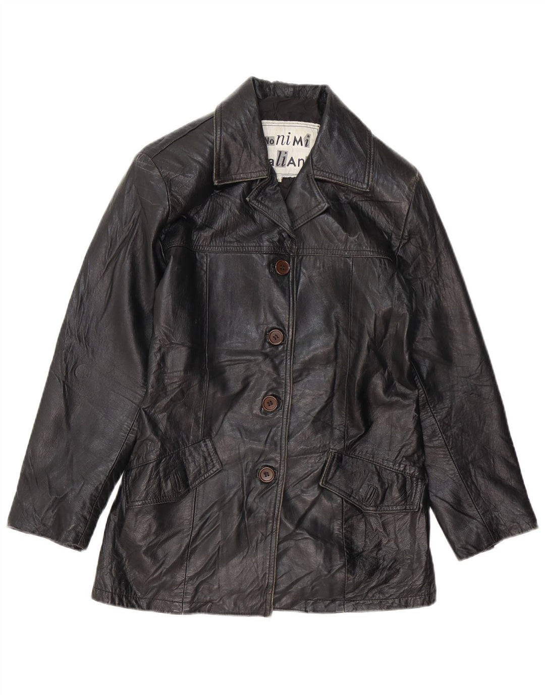 VINTAGE Veste en cuir femme UK 10 Petit cuir noir