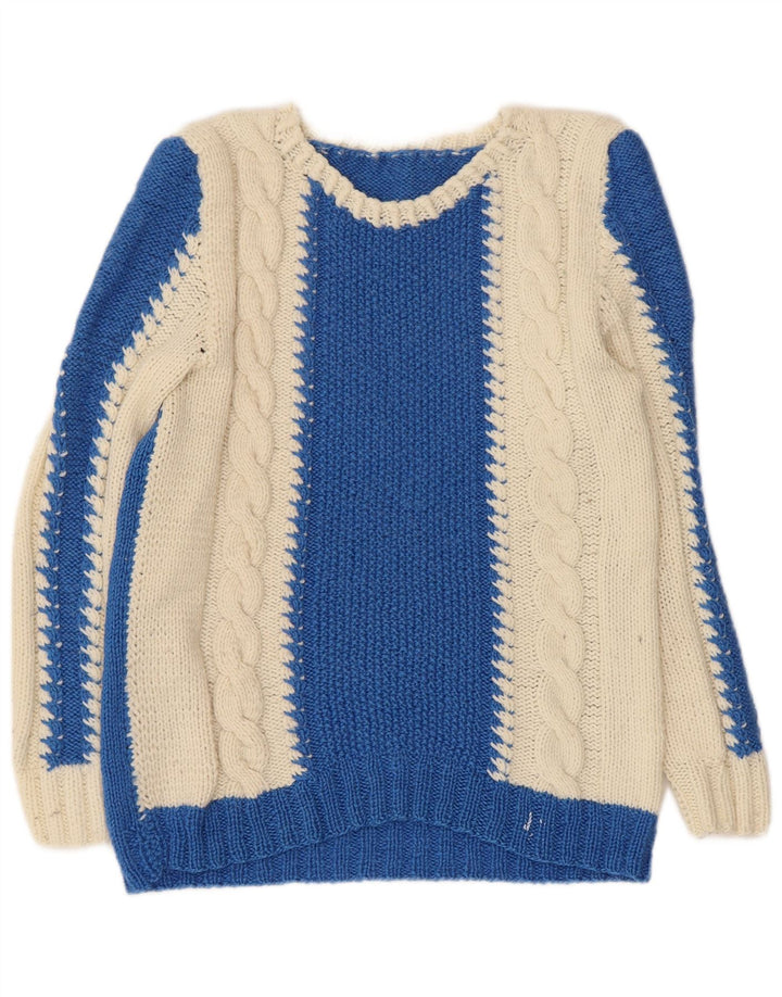 VINTAGE Pull col V femme UK 10 Petit colorblock bleu