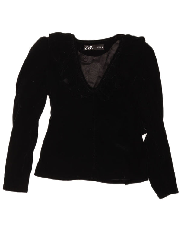 ZARA Femme Veste Blazer En Velours UK 6 XS Noir Polyester