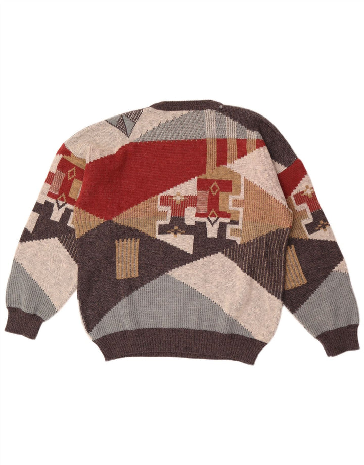 vintage Mens Crew Neck Jumper Pull Grand Multicolore Géométrique