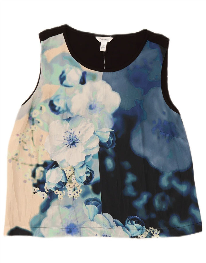 CALVIN KLEIN Femmes Crop Blouse Top UK 10 Petit Bleu Marine Floral