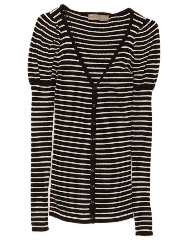 Zara Femme Cardigan Pull UK 8 Petit Coton Rayé Noir