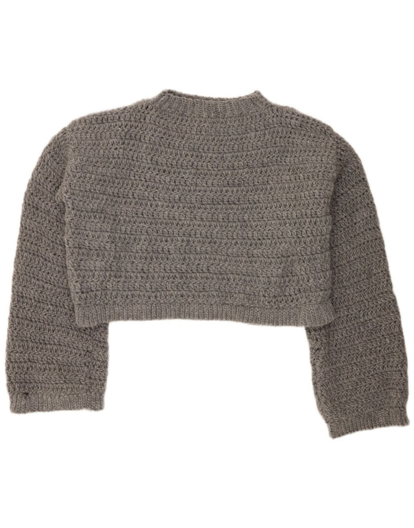 vintage Femmes Loose Fit Crop Crew Neck Jumper Pull UK 18 XL Gris