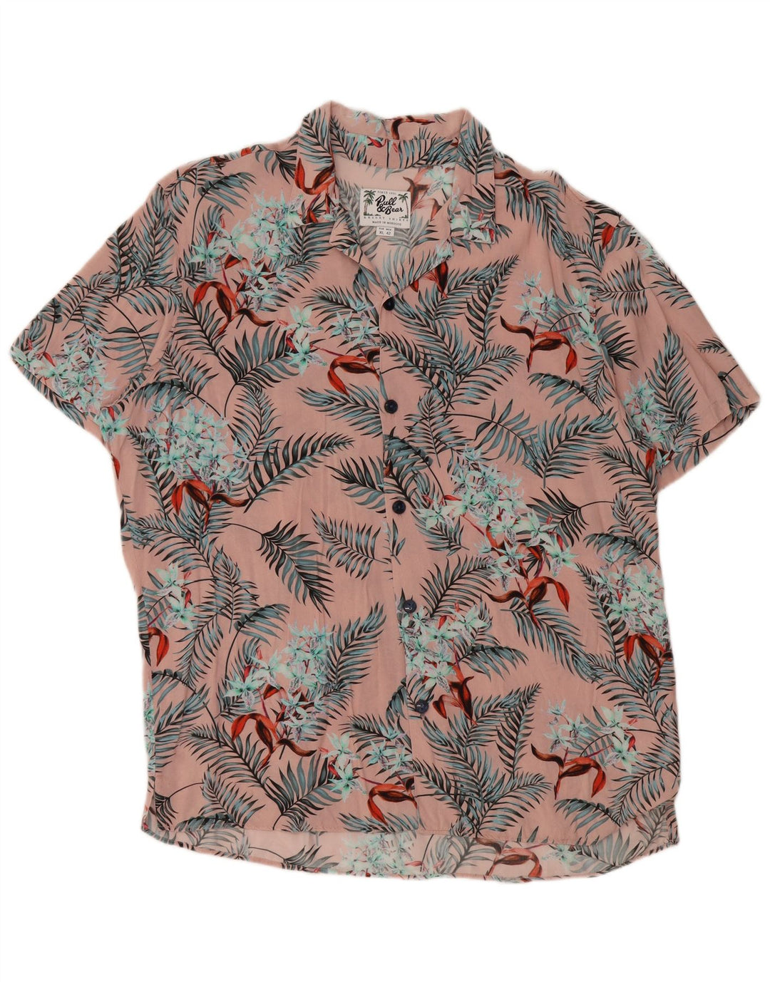 Pull & Bear Chemise à manches courtes pour homme XL Rose Floral Viscose Hawaïen