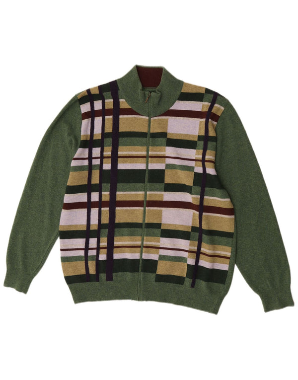 Folk Mens Cardigan Pull Grand Vert Géométrique Laine Mérinos