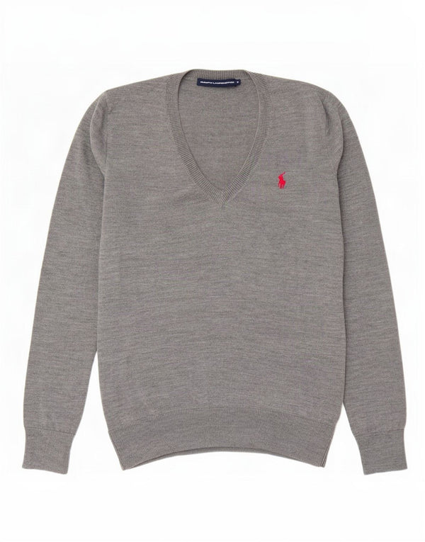 Ralph Lauren Pull col en V pour femme UK 14 Laine mouchetée gris moyen