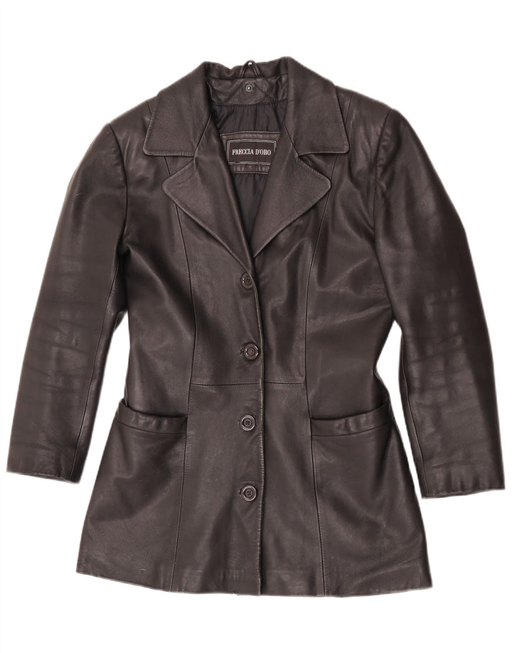 vintage Femme 4 Boutons Veste Blazer En Cuir UK 10 Petit Cuir Noir