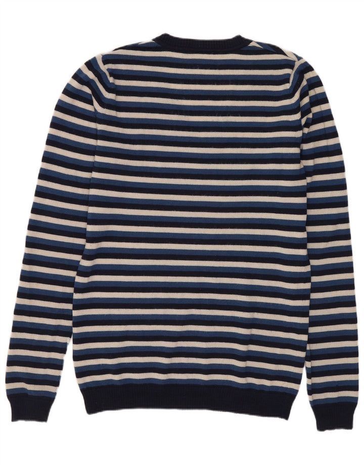 Lacoste Femme Col V Pull Pull Taille 38 Laine Rayée Bleu Marine Moyen