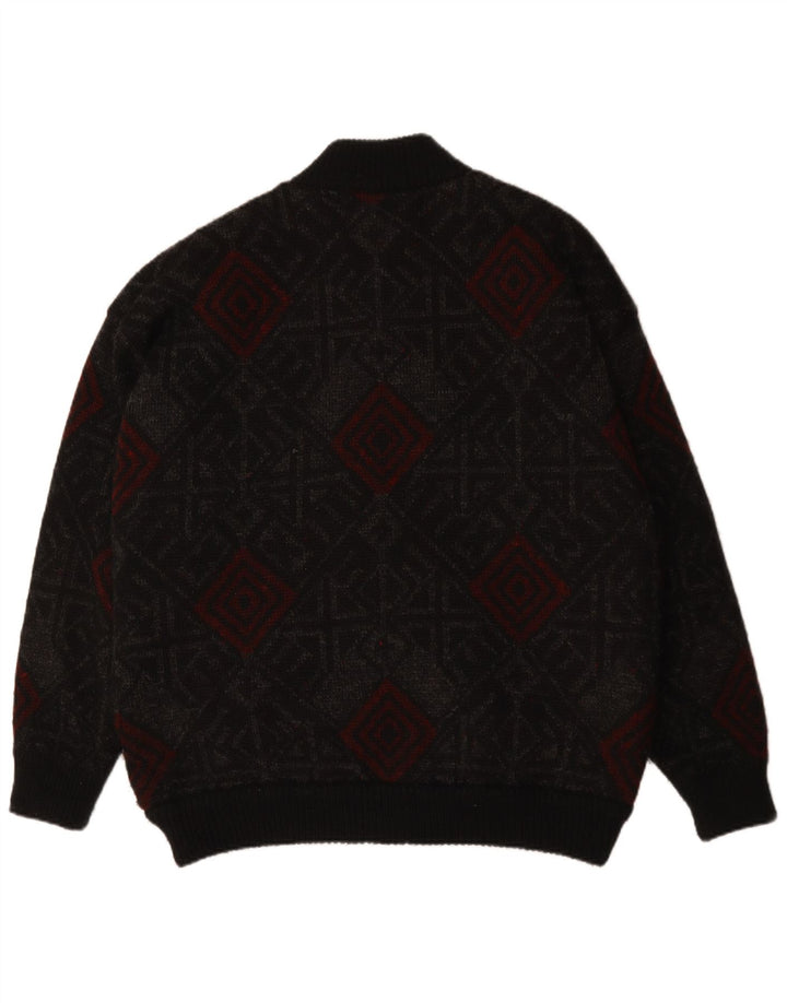 VINTAGE Homme Cardigan Pull XL Noir Géométrique Laine