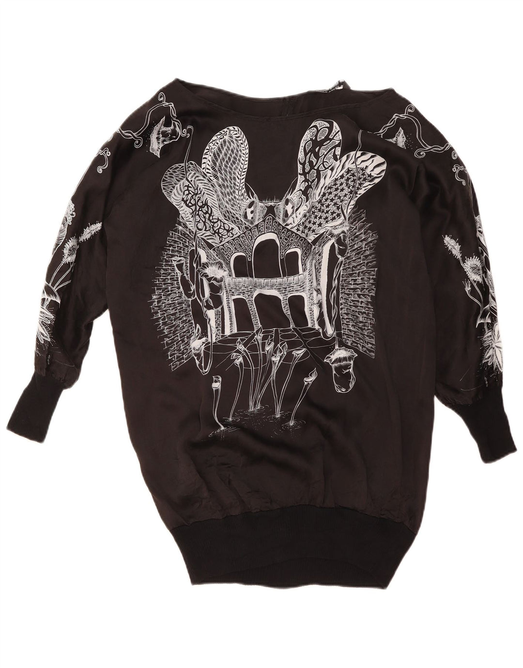 ZARA Femme Haut Graphique Oversize Manches Longues UK 14 Moyen Noir Floral