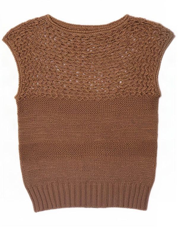 vintage Femmes Manches Courtes Bateau Cou Jumper Pull UK 10 Petit Brun