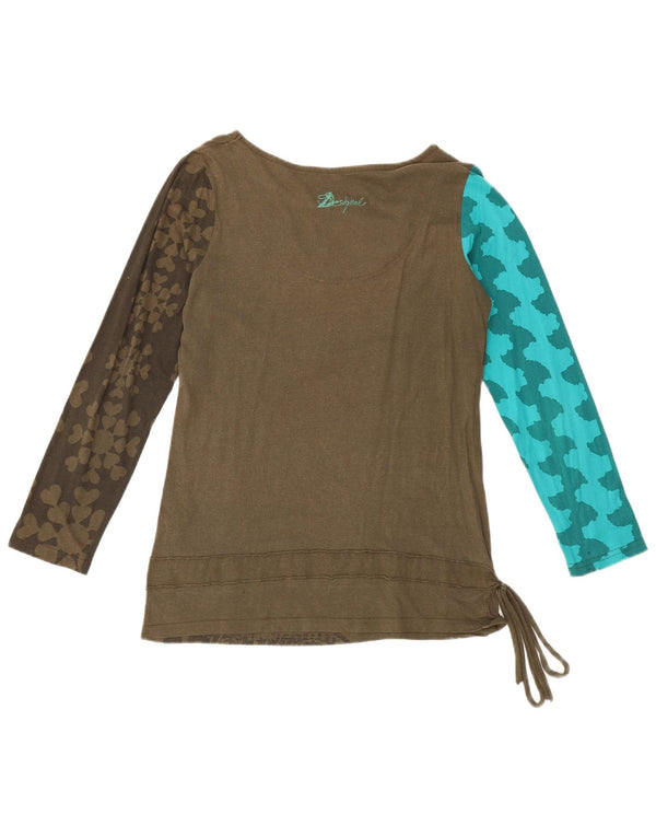 Desigual Femme Graphic Top Manches Longues UK 20 2XL Kaki Géométrique Coton