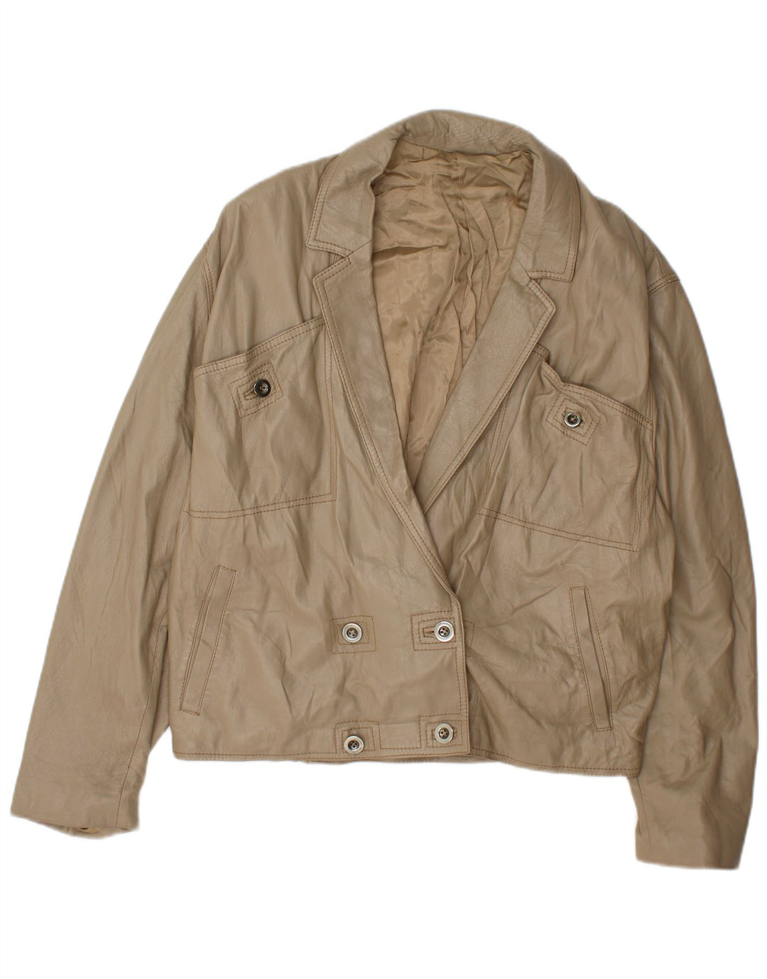 VINTAGE Womens Leather Jacket IT 52 2XL Beige Leather
