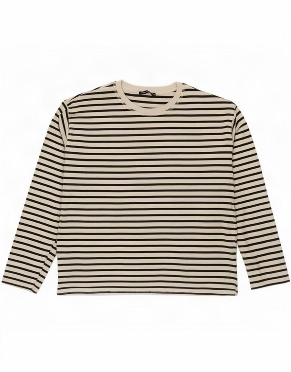Zara Femme Top Manches Longues UK 14 Moyen Blanc Rayé Coton