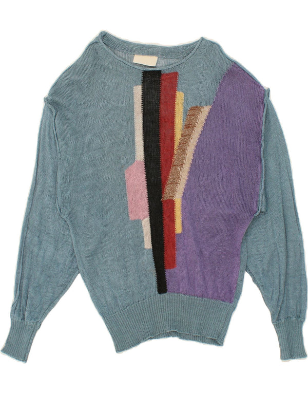 VINTAGE Womens Boat Neck Jumper Sweater UK 10 Small Blue Colourblock