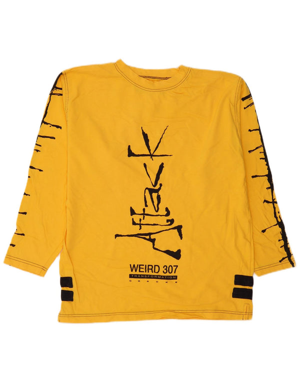 vintage Mens Graphic Top Manches Longues Jaune Moyen Colorblock Coton