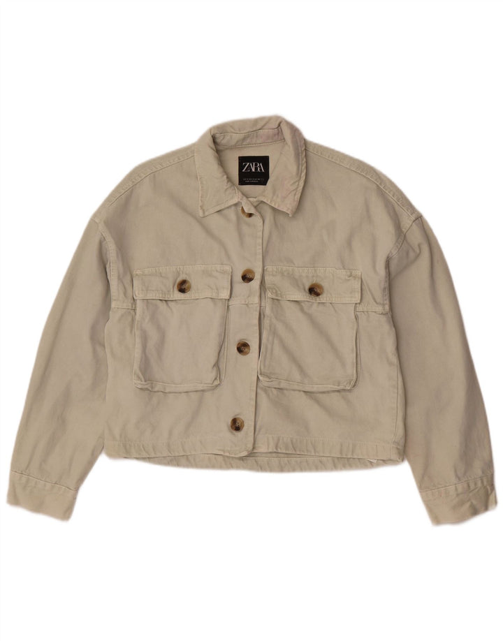Zara Veste en jean courte pour femme UK 10 Petit coton blanc cassé