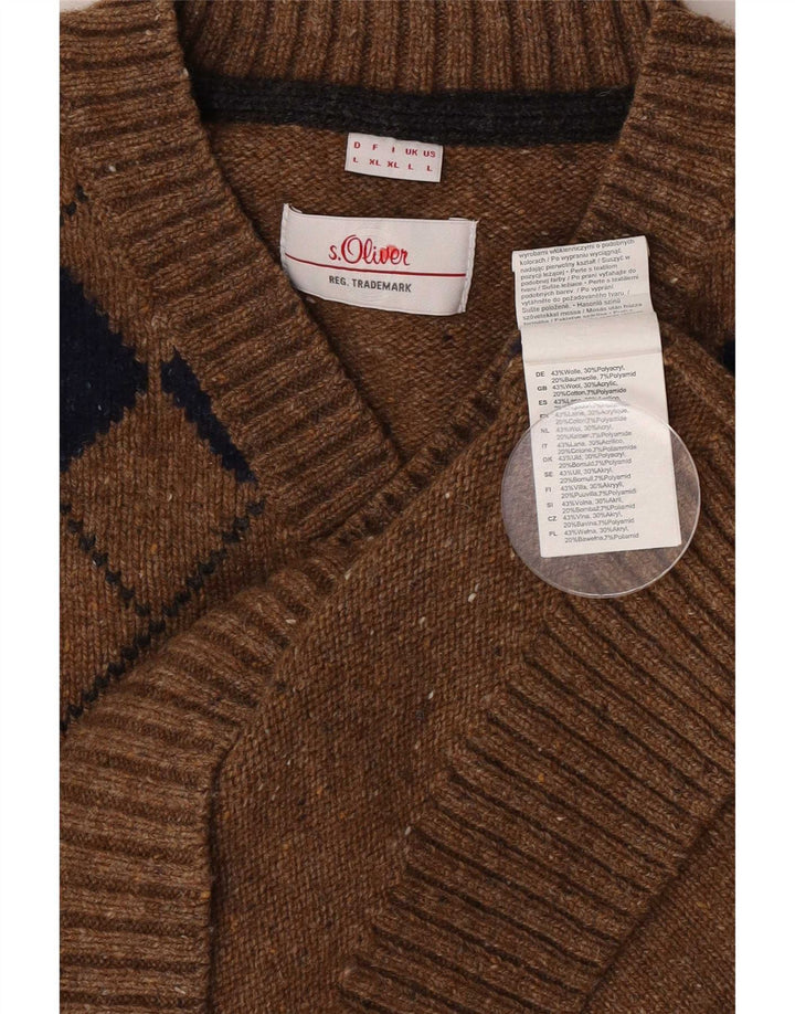 S.Oliver Pull col V pour homme en laine marron à carreaux/losanges
