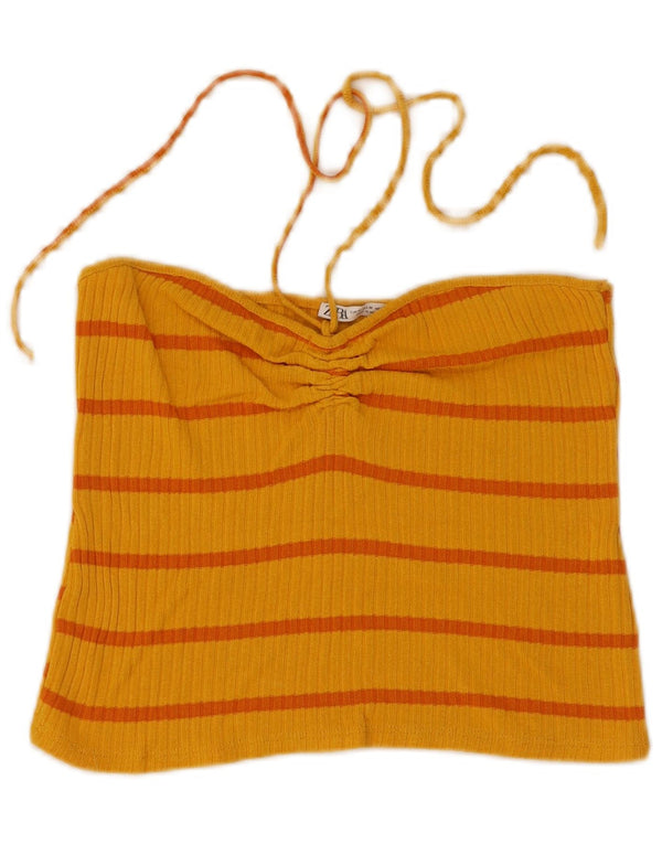 Zara Womens Crop Halter Top UK 12 Moyen Jaune Rayé