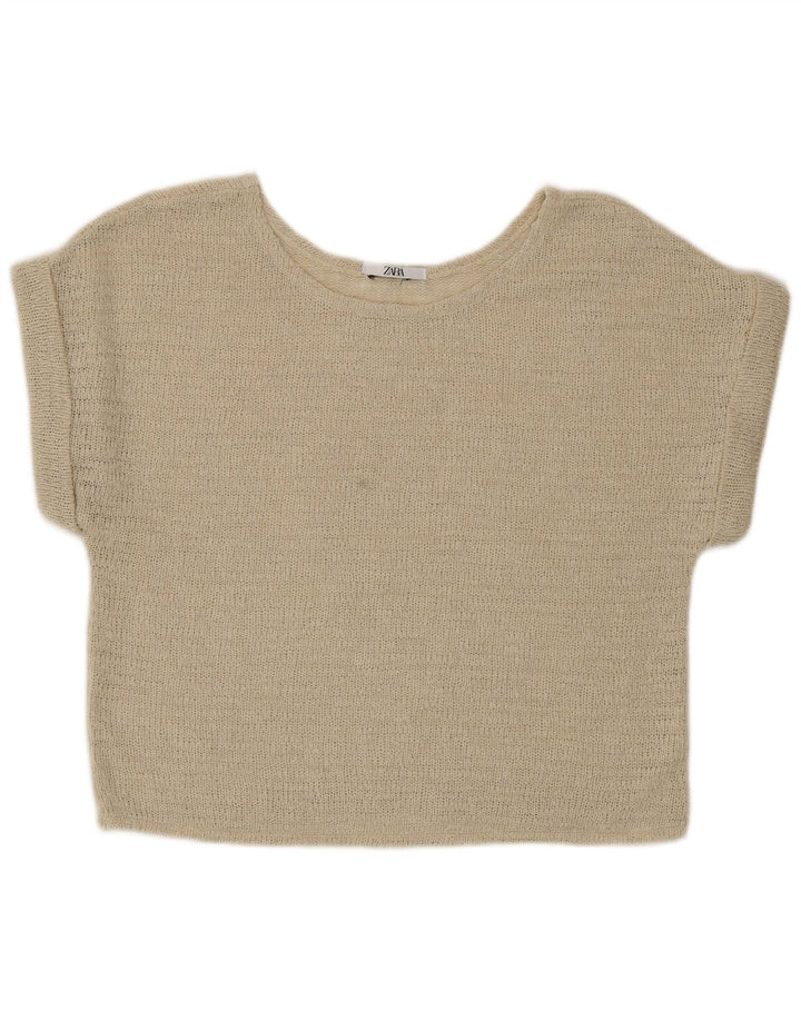 Zara Womens Crop Knit Blouse Top UK 16 Grand Beige