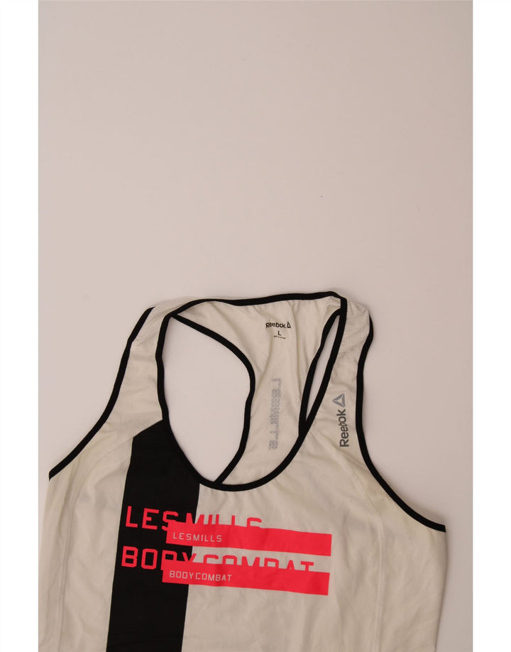 REEBOK Womens Graphic Vest Top UK 14 Large White Colourblock Polyester Vintage Reebok and Second-Hand Reebok from Messina Hembry 