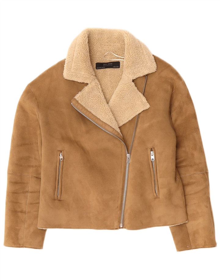 Zara Veste de motard en faux suède Sherpa pour femme UK 10 Small Beige Polyester