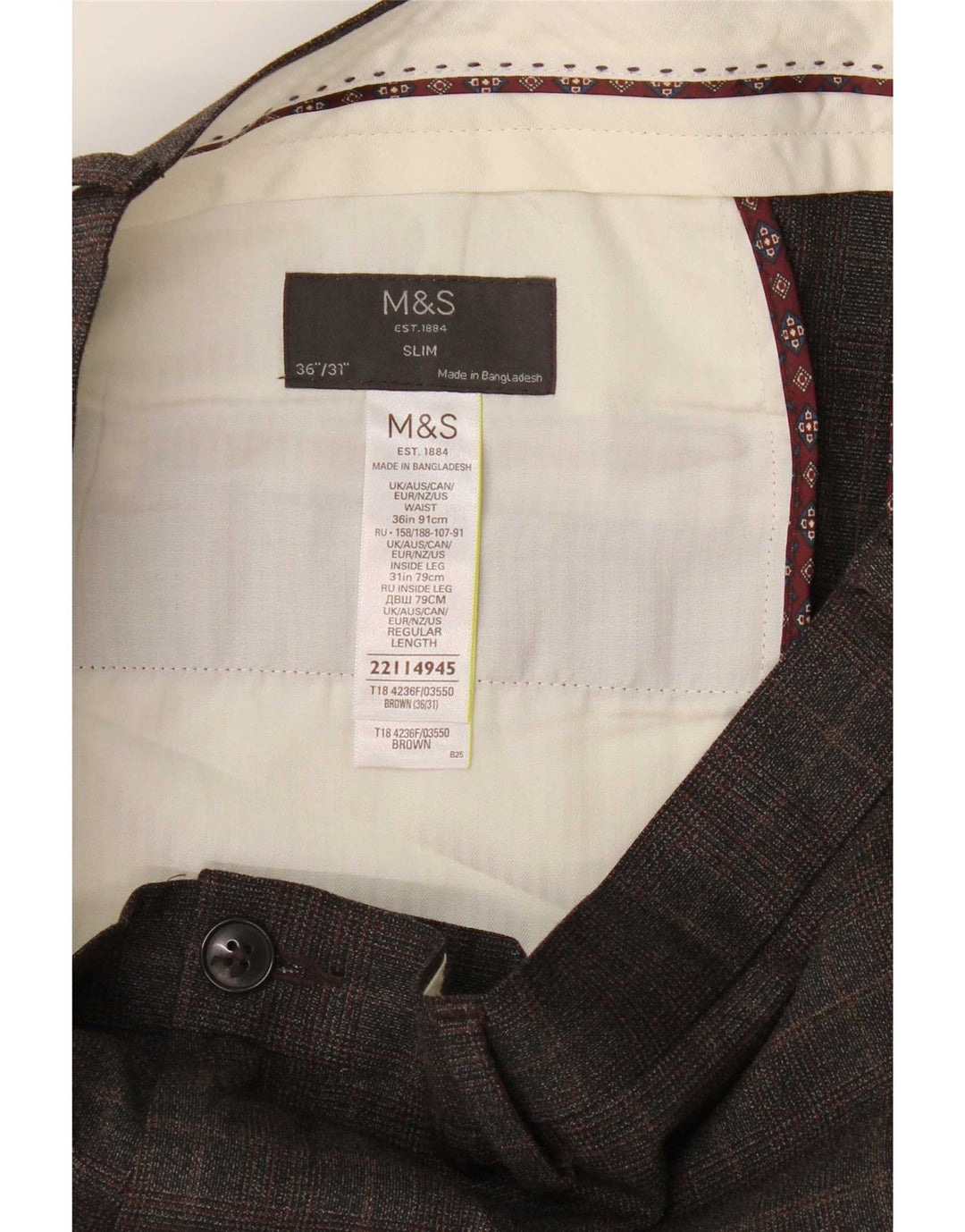 Marks & Spencer Pantalon Chino Slim Homme W36 L31 Marron Carreaux Polyester