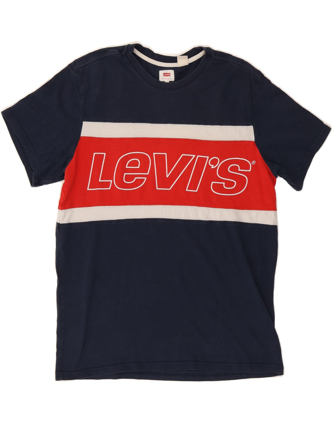 LEVI'S Mens Graphic T-Shirt Top Medium Navy Blue Colourblock Cotton Vintage Levi's and Second-Hand Levi's from Messina Hembry 