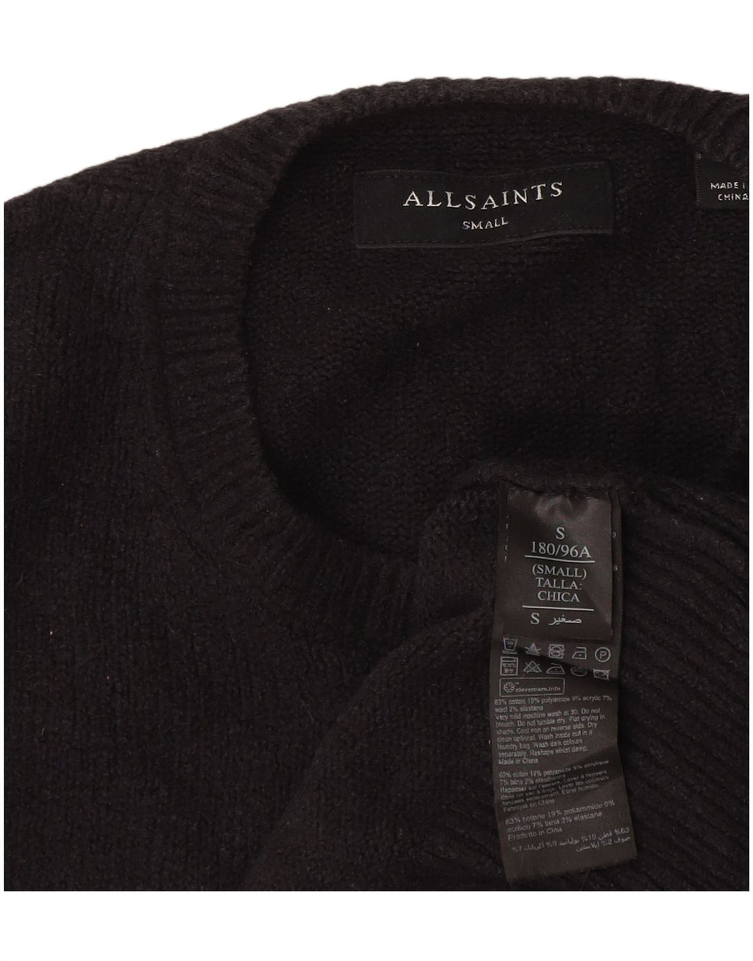 All Saints Pull à col rond pour homme en coton bleu marine Small