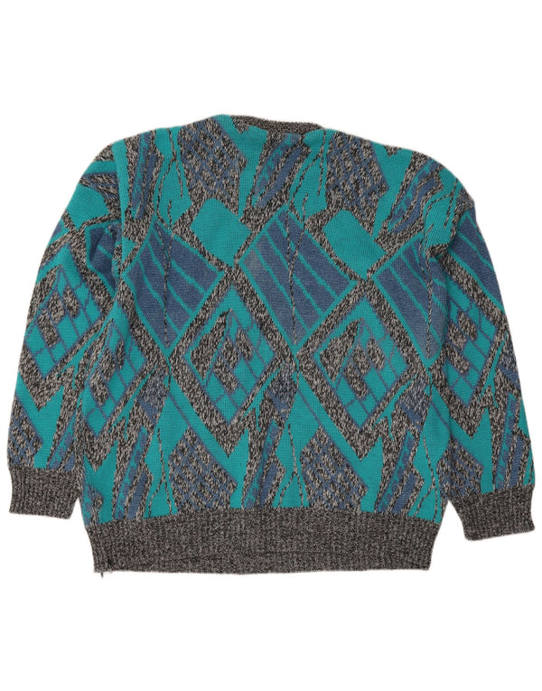 vintage Mens Crew Neck Jumper Pull Grand Bleu Géométrique Acrylique