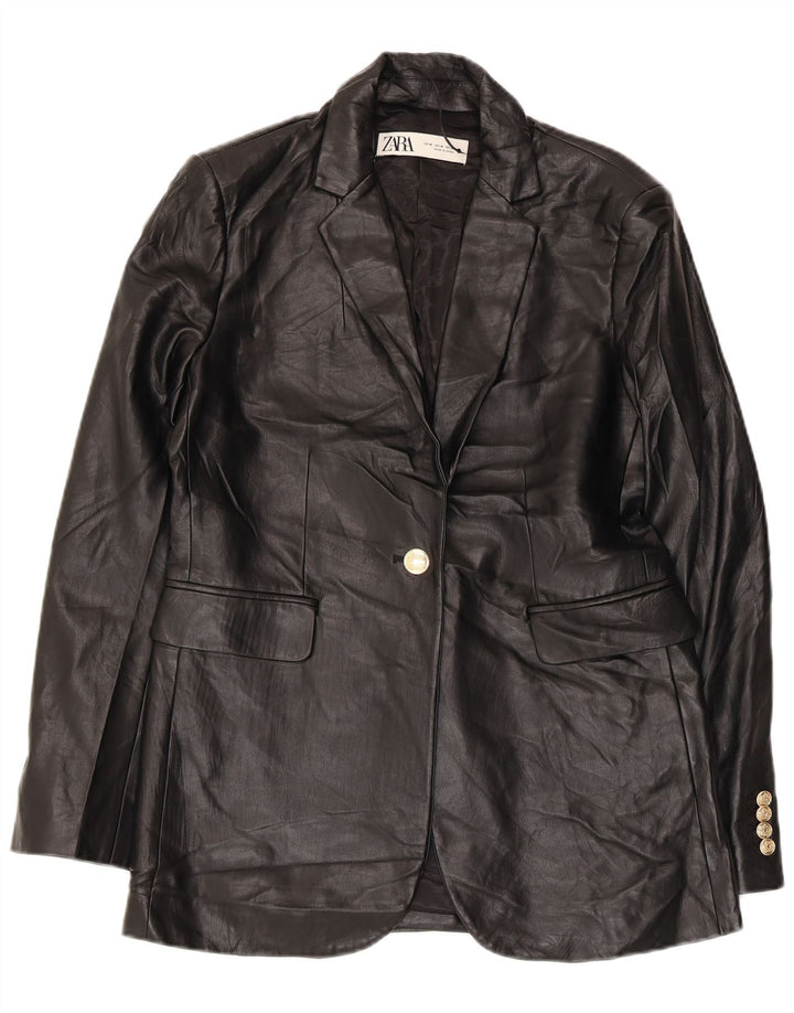 Zara Veste blazer en simili cuir à 1 bouton pour femme UK 14 Noir moyen