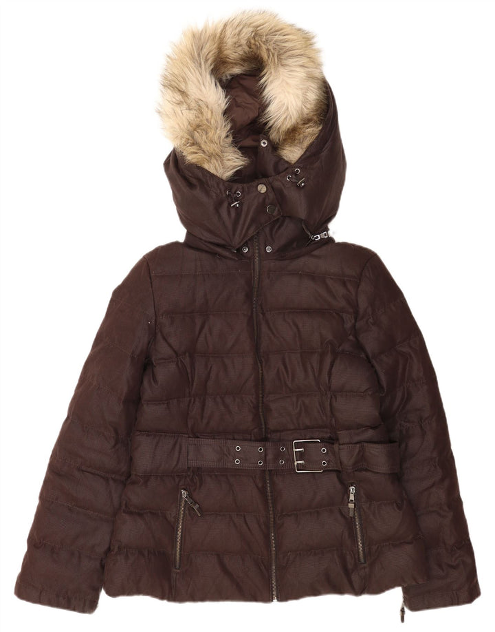 Zara Veste matelassée à capuche pour femme UK 40 Large Marron Polyester