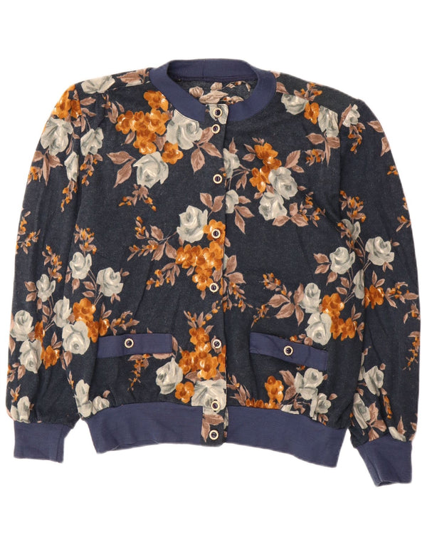 vintage Femme Cardigan Oversize Pull IT 50 XL Bleu Marine Floral Acrylique