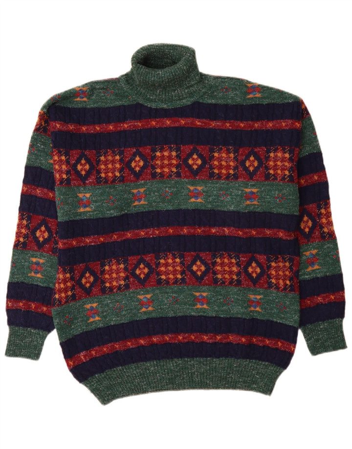 vintage Mens Roll Neck Jumper Pull Moyen Vert Géométrique Alpaga Laine