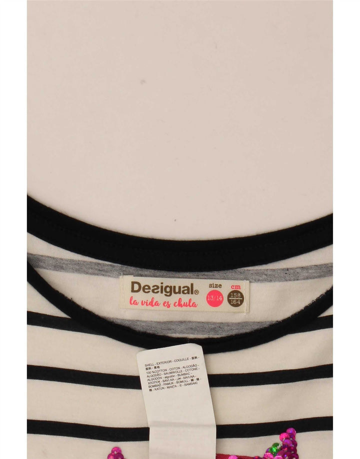 Desigual Robe Basique Graphique Fille 13-14 ans Blanc Rayé Coton