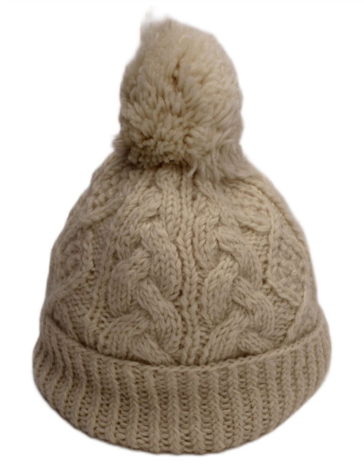 Aran Sweater Market Bonnet à pompon en tricot pour femme en laine blanc cassé