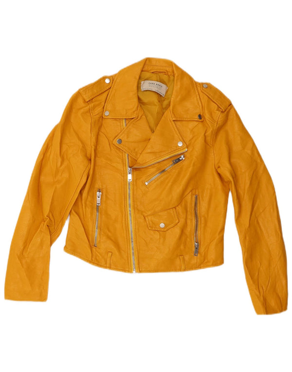Zara Veste de motard courte en similicuir pour femme UK 10 Petite viscose jaune