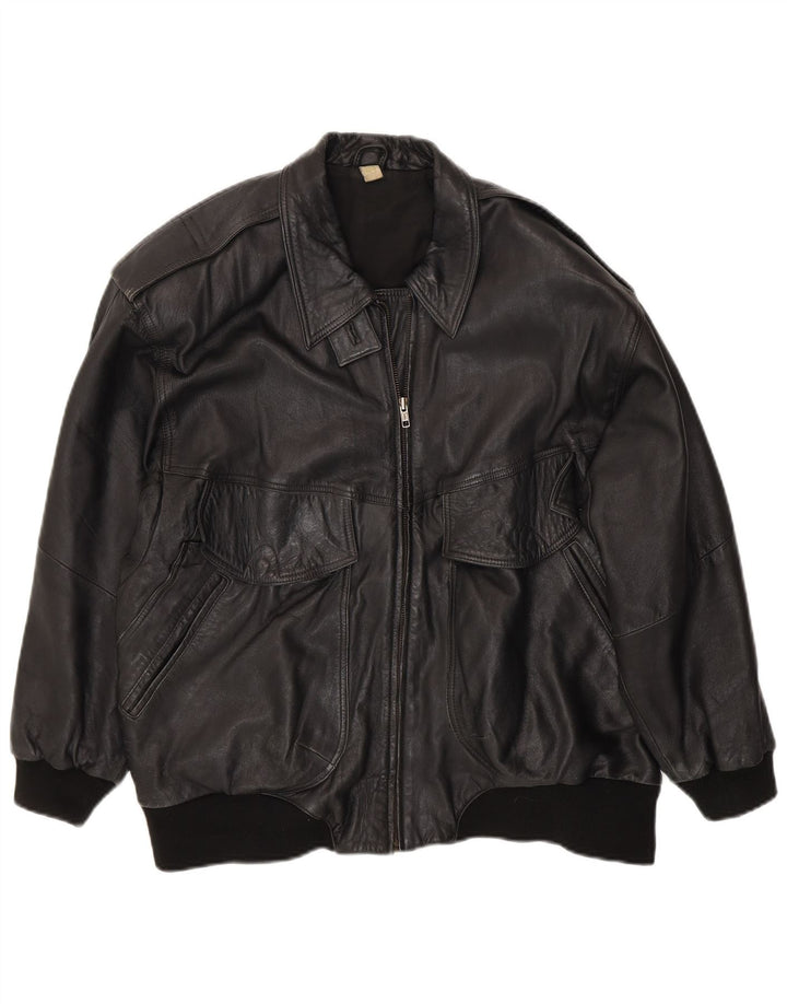 VINTAGE Womens Leather Jacket UK 20 2XL Black Leather