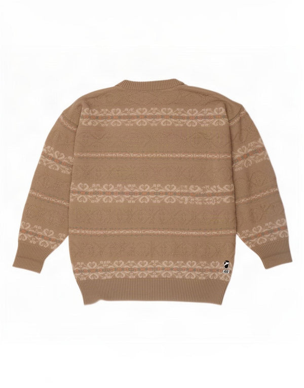 vintage Mens Crew Neck Jumper Pull Moyen Beige Fair Isle